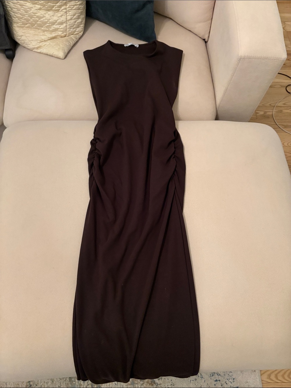 Zara Dark Brown Sleeveless Midi Dress with Side Ruching
